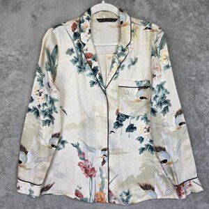 Zara Basic Shirt Womens M Multicolor Floral Bird Print Satin Button Up Top